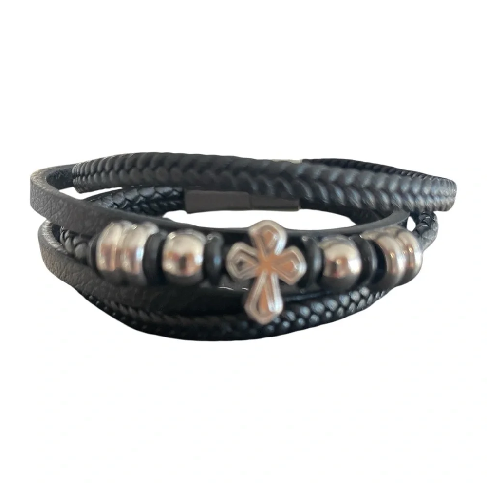 Black Leather Bracelet Braided Multi Strand Stainless Steel Cross Biyongde 8.5